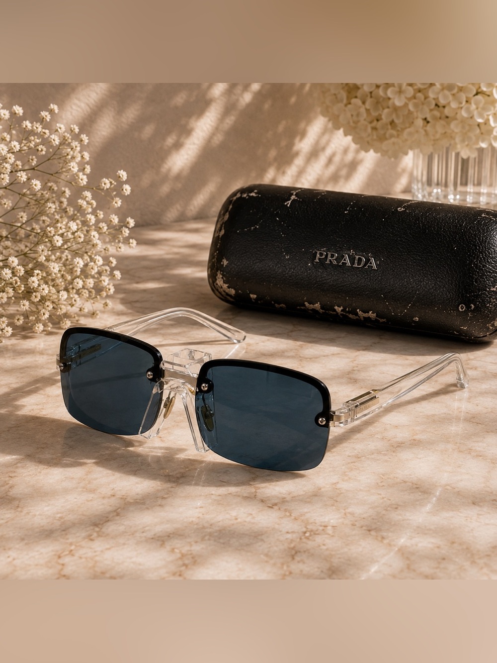 Prada SPR18S Rimless Sunglasses Blue Lenses Gold Frame Made in Italy vintage